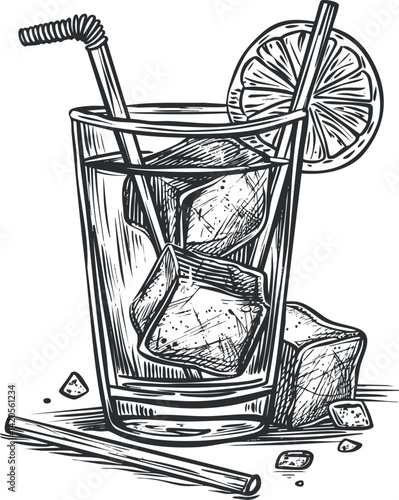 Illustration of a refreshing cocktail with ice cubes, straw, and a slice of lime.