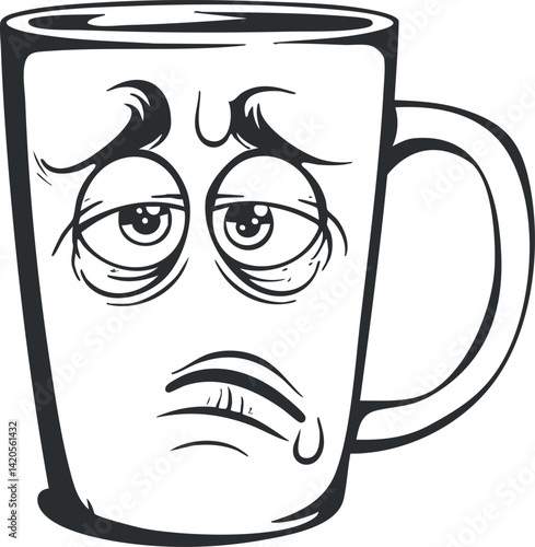 A cartoon sad mug with a frowning face and droopy eyes expressing sadness and disappointment.