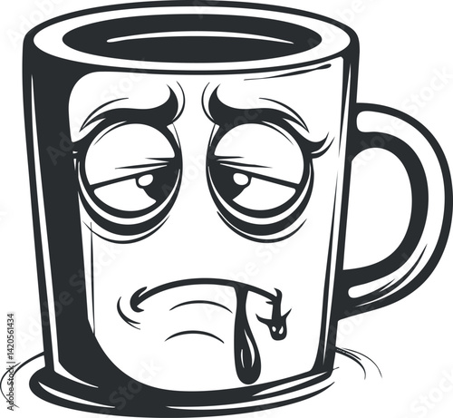 A cartoon-style illustration of a sad mug with a droopy expression and a drip.