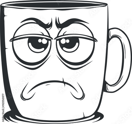A cartoon illustration of a grumpy mug with a displeased facial expression.