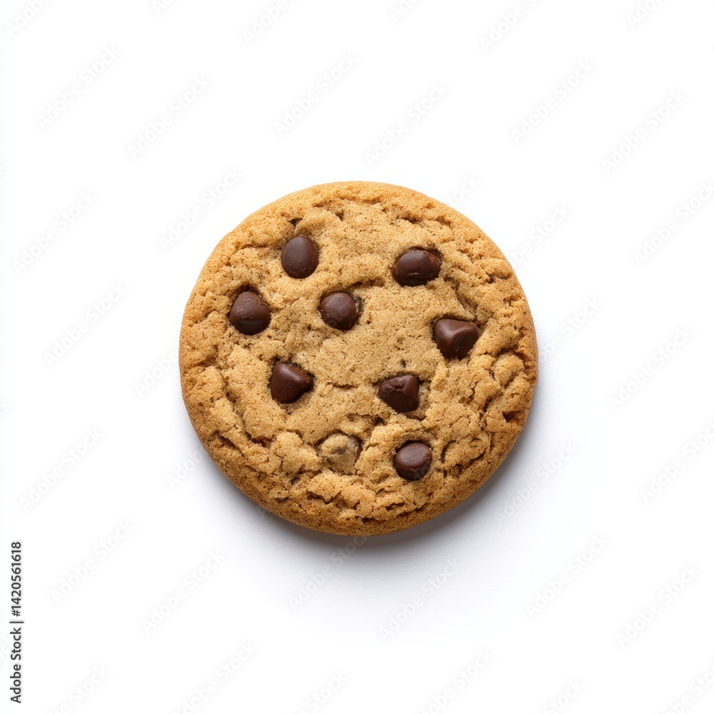 Chocolate chip cookie close up view on white background