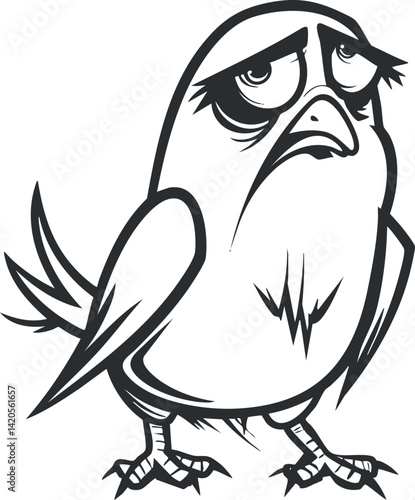 A whimsical cartoon bird character expressing sadness with exaggerated features and a quirky design.