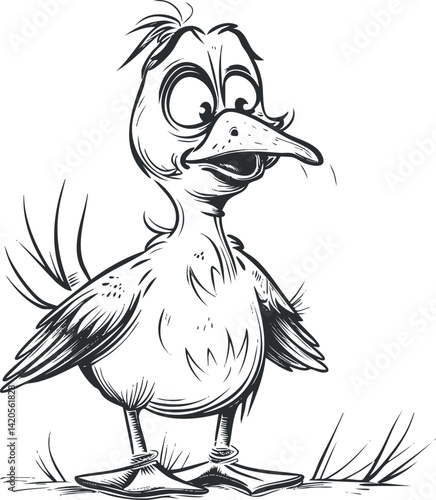 A whimsical cartoon bird character with a playful expression and exaggerated features.