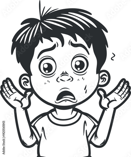 A cartoon illustration of a confused boy raising his hands in surprise or disbelief.