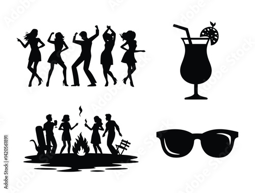 A vector illustration shows a summer beach with a set of vibrant icons and essential beach items, a joyful scene of people enjoying a sunny, active holiday Spring Break