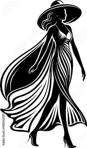 This image depicts a stylish, artistic silhouette of a woman in a flowing dress and wide-brimmed hat, exuding elegance and fashion. 