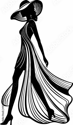 This image depicts a stylish, artistic silhouette of a woman in a flowing dress and wide-brimmed hat, exuding elegance and fashion. 