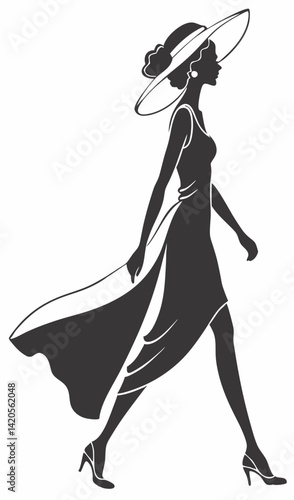 This image depicts a stylish, artistic silhouette of a woman in a flowing dress and wide-brimmed hat, exuding elegance and fashion. 