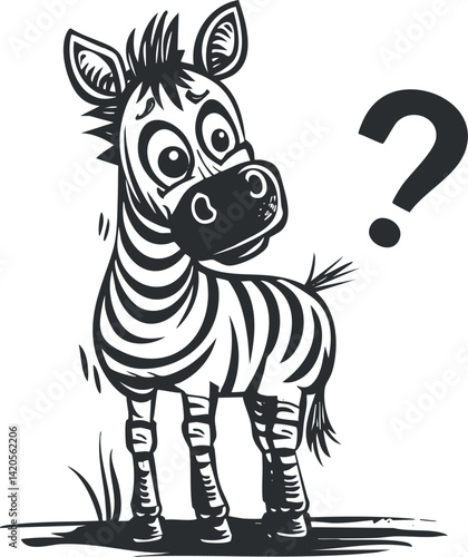 A cartoon zebra with a confused expression standing and looking curiously at a question mark.