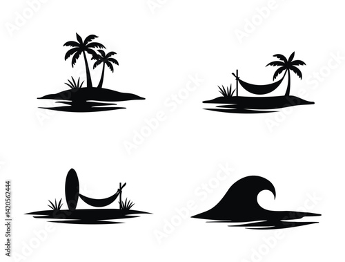 A summer vector illustration set features a sailboat, yacht, and ship near the tropical beach with palm trees, sun, and ocean waves, perfect for nautical travel and vacation logos and Spring Break 