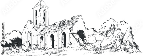 A detailed illustration of an abandoned church ruin surrounded by nature and rocky landscapes.