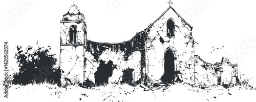 An artistic black and white illustration of an abandoned church in ruins surrounded by nature.