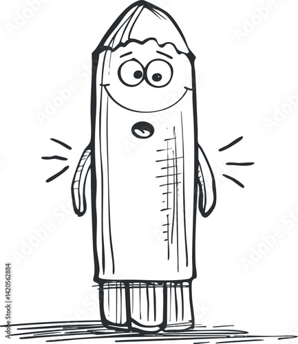 A cheerful cartoon pencil character with a big smile and playful expression.