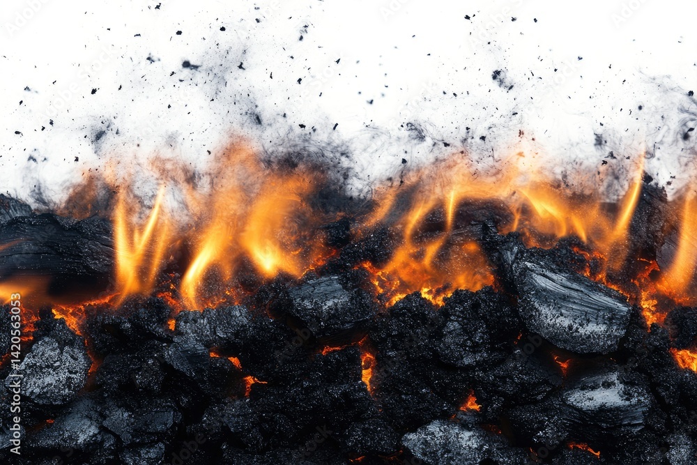 Burning Coal with Smoke on White Background Burning Coal with Smoke on White Background
