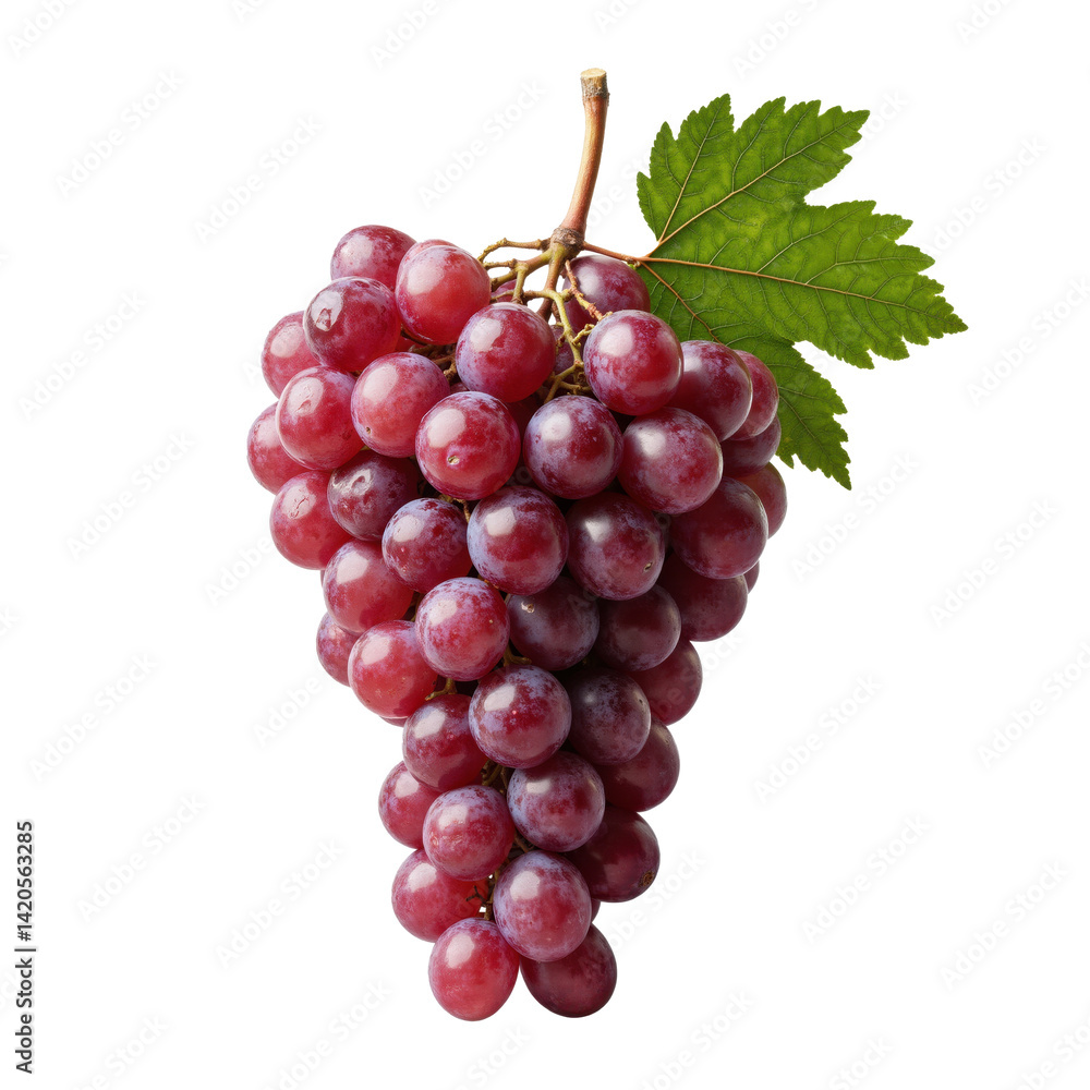 Fototapeta premium Fresh green grapes with water droplets and leaves isolated on white