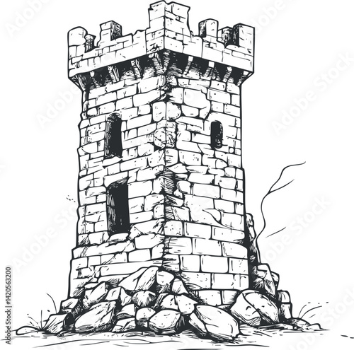 A detailed illustration of a medieval stone tower with a rocky base and historical significance.