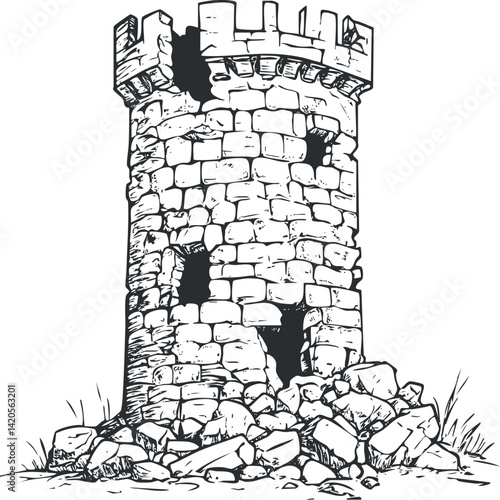 A detailed sketch of a dilapidated stone tower with cracks and broken stones.