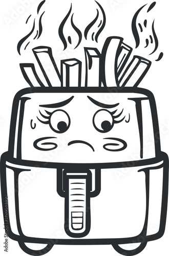 A cartoon toaster character looking unhappy while cooking crispy french fries.