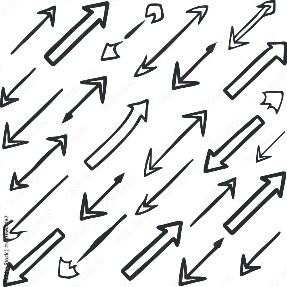 A collection of hand-drawn arrows in various sizes and directions showcasing movement and direction. A collection of hand-drawn arrows in various sizes and directions showcasing movement and direction.