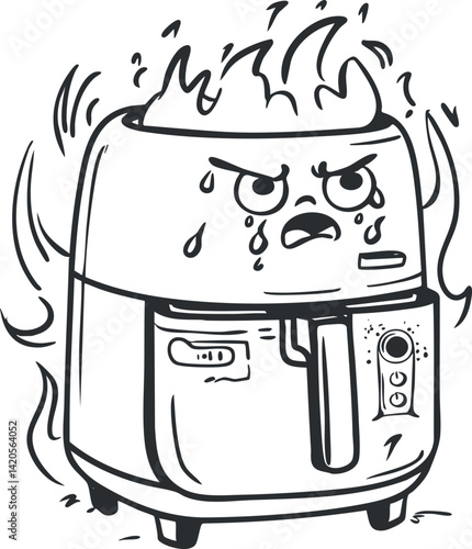 A cartoon air fryer character showing anger with steam and flames for humorous effect.