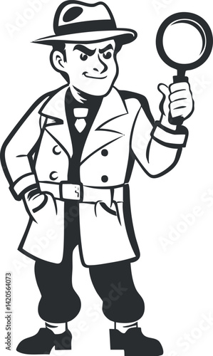A cartoon detective character holding a magnifying glass, dressed in a vintage suit and hat.