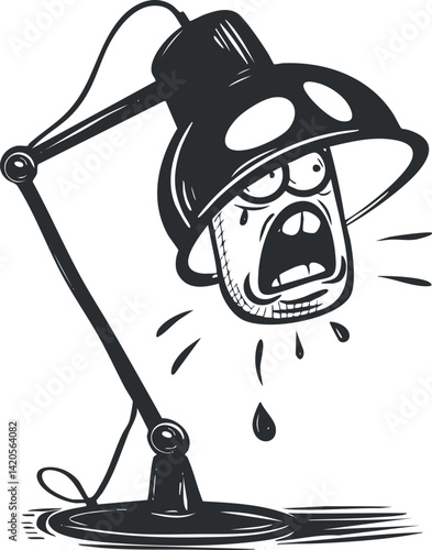 A whimsical cartoon illustration of a sad lamp character with a teardrop expression.