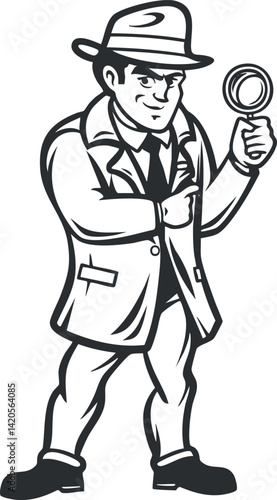 A cartoon detective character holding a magnifying glass in a stylish suit and hat.