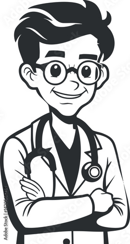 A friendly cartoon doctor character smiling with a stethoscope ready to assist patients.