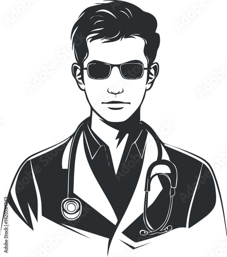 Illustration of a confident doctor wearing sunglasses with a stethoscope around his neck