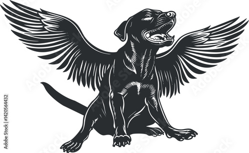 A whimsical illustration of a winged dog with outstretched wings in a playful pose.