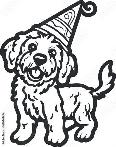 A cheerful cartoon dog wearing a party hat, perfect for birthday celebrations and festive events.