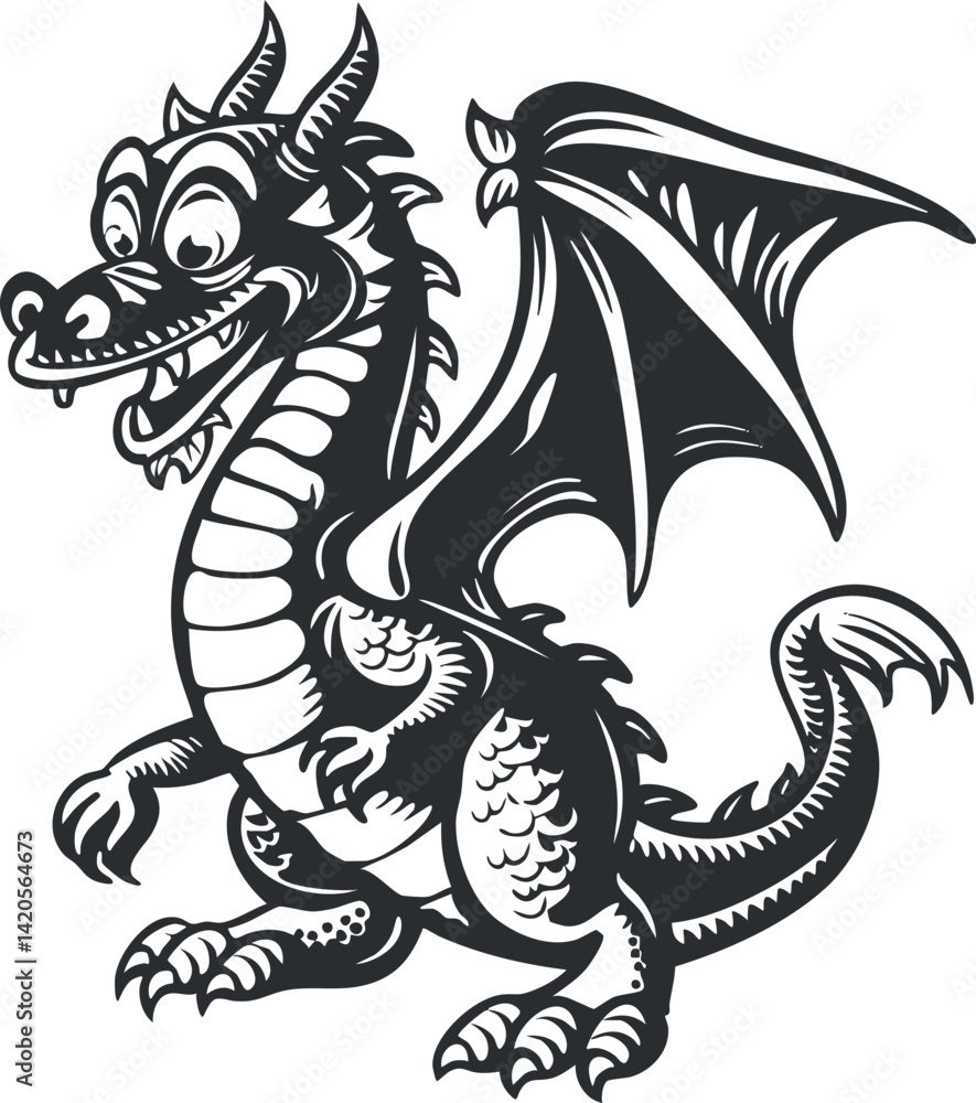 A playful cartoon dragon with wings and a cheerful expression in black and white illustration. A playful cartoon dragon with wings and a cheerful expression in black and white illustration.