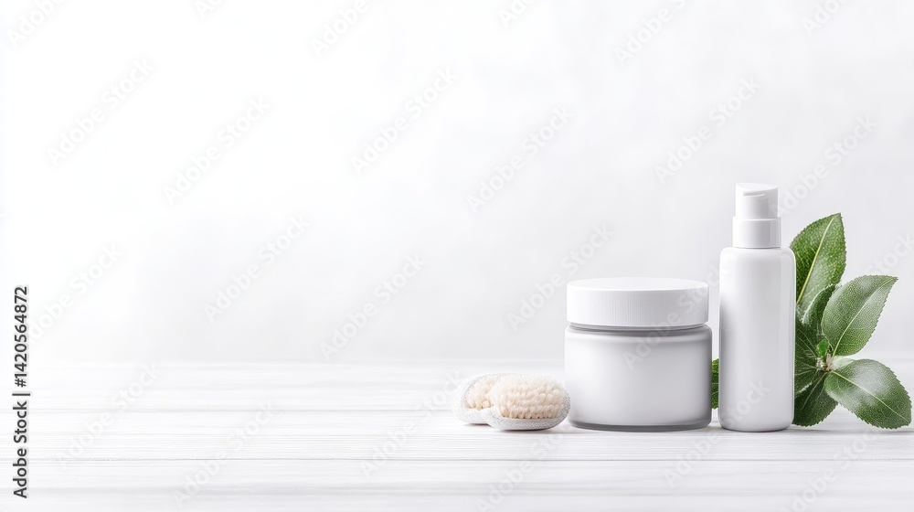 Minimalist skincare set on a light wooden surface Minimalist skincare set on a light wooden surface