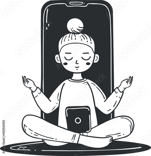 A person practicing meditation while using a smartphone to promote mindfulness and relaxation.