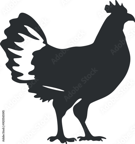 A simple silhouette of a chicken symbolizing farm life and domestic animals.