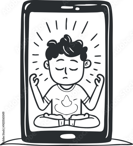 A cartoon illustration of a person meditating inside a smartphone screen representing digital mindfulness.