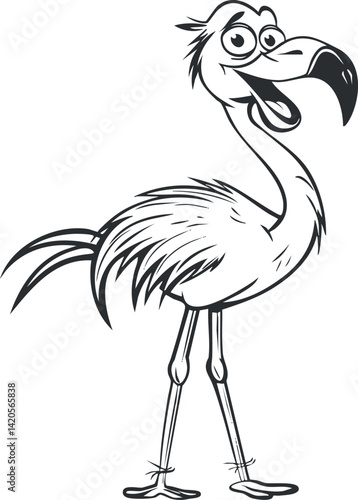 A playful cartoon flamingo character with exaggerated features and a humorous expression.