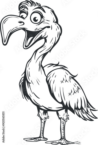 A whimsical cartoon bird character with a playful expression and exaggerated features.