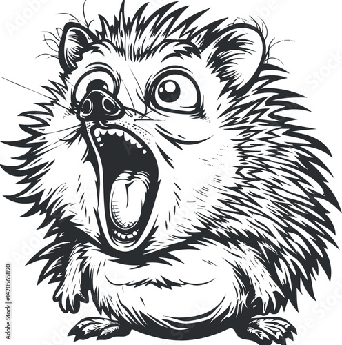 A whimsical cartoon hedgehog with a surprised expression and spiky fur in black and white.