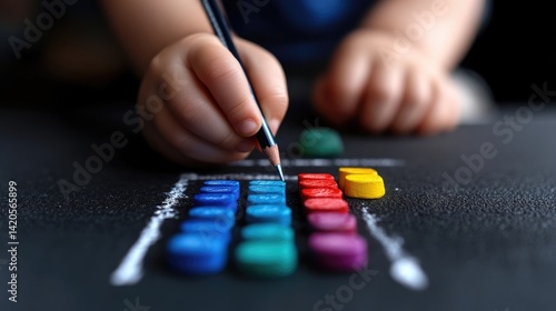 Child's hands drawing on colorful wooden shapes