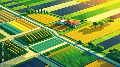 Aerial view captured by a drone dividing a green and a yellow agricultural area. Two fields seen from above.