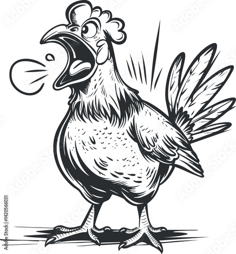 A cartoon-style black and white illustration of a rooster crowing energetically.