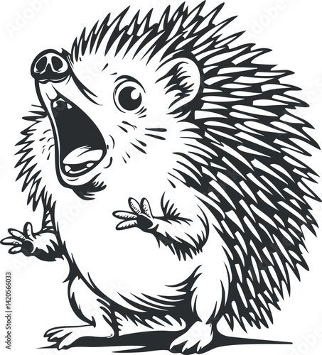 A playful cartoon illustration of a hedgehog with spikes and a humorous screaming expression.