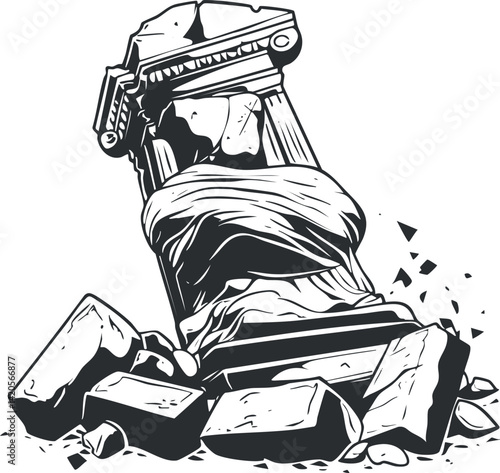 A broken ancient column lies among debris, symbolizing the passage of time and history.