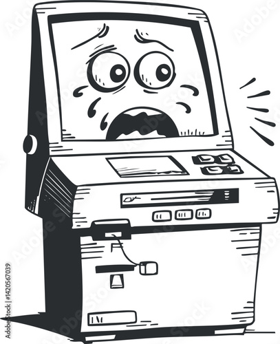 A cartoon illustration of a scared ATM machine with exaggerated facial expressions and emotions.