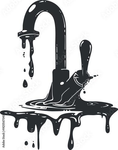 A stylized illustration of a dripping faucet with water pooling beneath it.