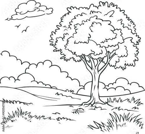 A hand-drawn illustration of a serene landscape featuring a large tree in a grassy area.