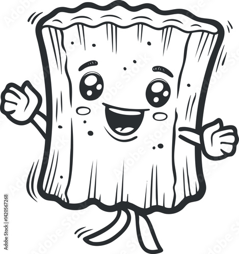 A cheerful cartoon character representing a playful and happy snack food with a smiling face.