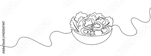 Continuous line salad in a bowl vector illustration with transparent background editable stroke.