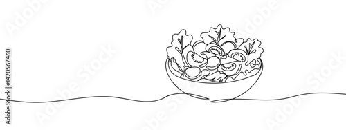 Continuous line salad in a bowl vector illustration with transparent background editable stroke.